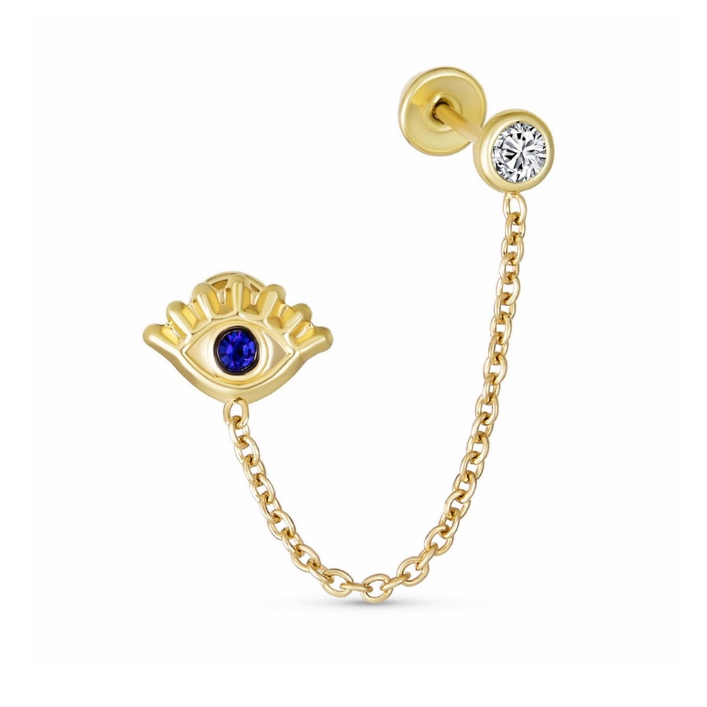 10KT Solid Gold Evil Eye Chain Earring with Blue Stone